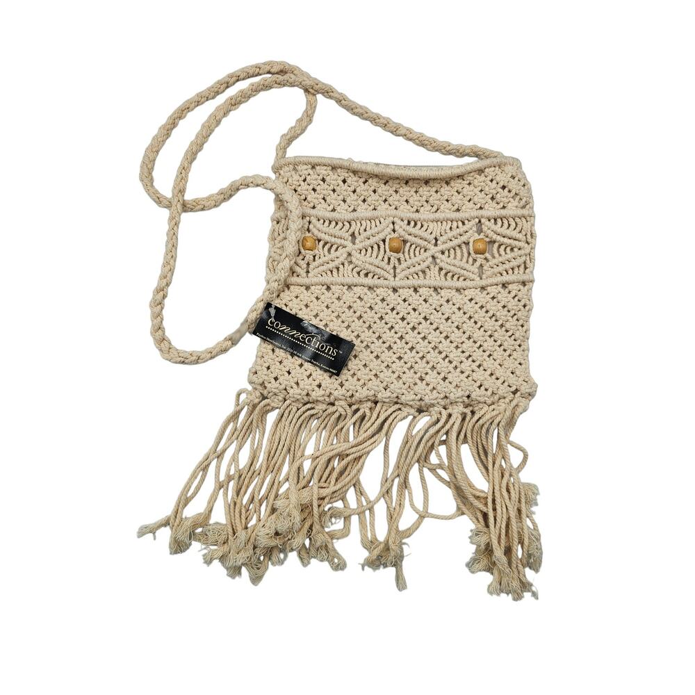 Vintage Y2K Connections Womens Macrame Crochet Bag Wooden Handle Boho Beige